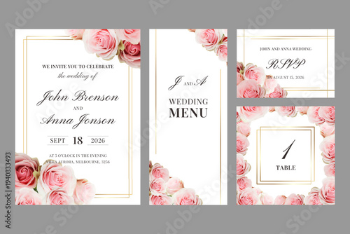 Elegant floral wedding stationery set with pink roses and gold frames. Romantic invitation, RSVP card, menu and table number templates. Luxury botanical design for marriage celebration.