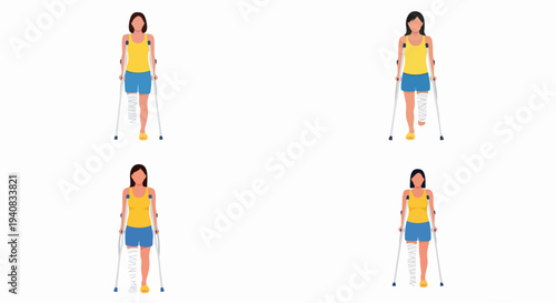 Woman uses crutches with prosthetic leg vector graphic illustration