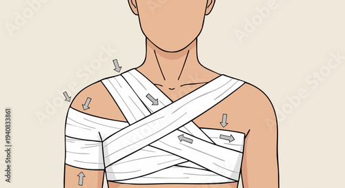 Vector illustration demonstrating correct figure eight bandage application for shoulder injury