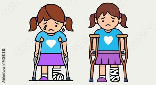 Vector illustration of sad young girls with broken legs using crutches