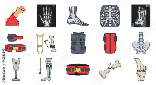 Orthopedic medical vector illustration set featuring skeletal anatomy and recovery devices