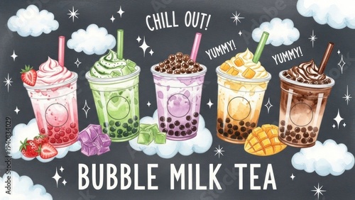 Colorful bubble milk tea drinks with fruits and pearls