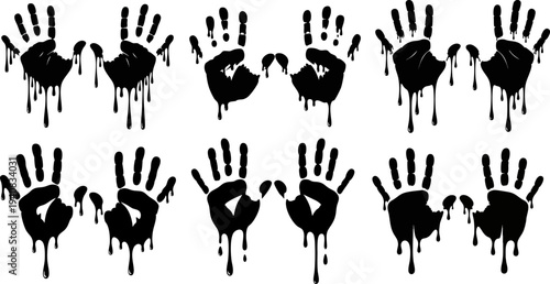 Spooky black handprint vector graphic illustration set with dripping blood effect