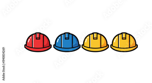Four vibrantly colored construction hard hats, including red, blue, and two yellow, are meticulously lined up on a pristine white surface.