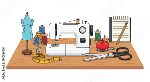 A comprehensive sewing workstation, complete with a sewing machine and various colorful supplies, is meticulously arranged on a light wooden table.