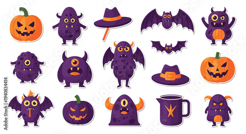 A lively assortment of fifteen Halloween-themed stickers, featuring grinning jack-o'-lanterns and quirky purple monsters, is playfully arranged on a white background.