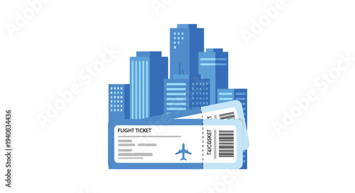 A pair of blue flight tickets are depicted emerging from a collection of stylized blue city buildings against a plain white backdrop.