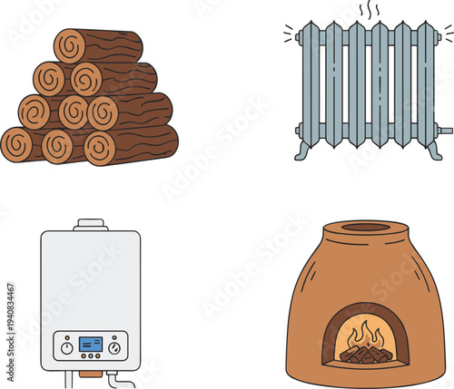 Set of Home Heating Equipment Vector Illustrations Featuring Stack of Firewood Radiator Modern Water Heater and Traditional Oven