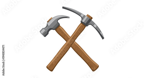 A silver claw hammer and a silver pickaxe with wooden handles are crossed in the center of a clean white background.