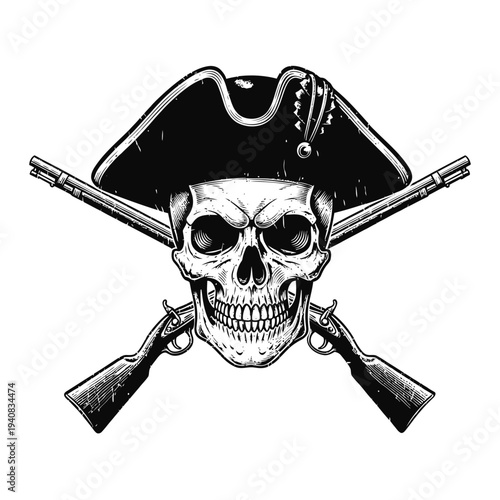 Pirate Skull with Guns and Tricorn Hat.