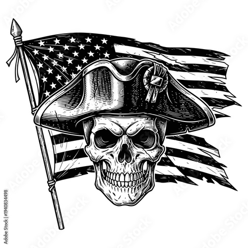 Pirate Skull with Tricorn Hat and Flag.
