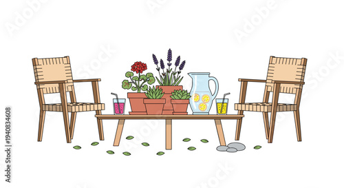 Two light brown wooden chairs and a table adorned with potted plants and refreshing lemonade pitchers are set outdoors on a white ground.