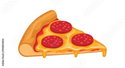 A single, triangular slice of pepperoni pizza with melted cheese and a golden-brown crust is isolated on a clean white background.