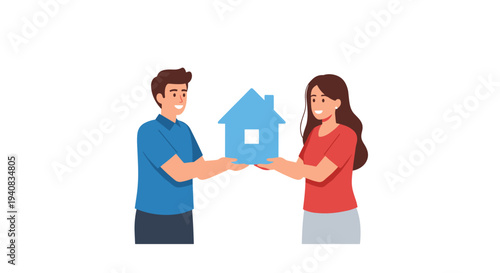 A smiling man and woman are collaboratively holding a small blue house icon between them against a plain white background.