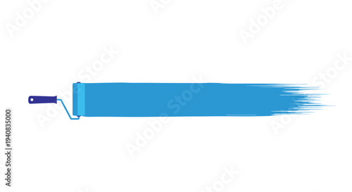 A blue paint roller with a dark handle is actively applying a long, vibrant blue paint streak horizontally across a clean white background.