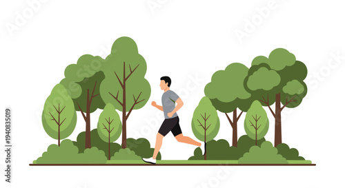 A fit man, wearing a grey t-shirt and black shorts, is energetically running through a lush green park filled with trees and bushes.