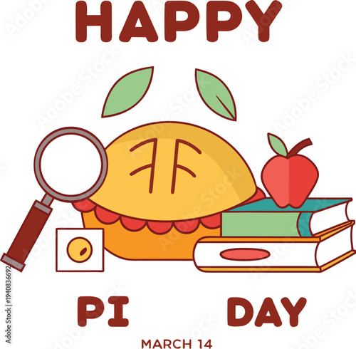 Festive Pi Day Artwork Featuring Apple, Books, Abacus, and Magnifying Glass.