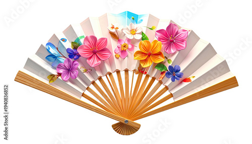 Decorative, open hand fan with colorful floral design and wooden handle