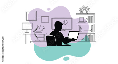 Vector illustration of a person working on a laptop at a desk