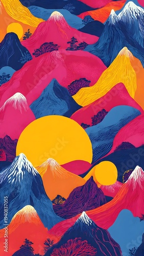 A vibrant abstract landscape showcases colorful mountains and a bright yellow sun, creating a visually stunning and imaginative artistic composition of nature.