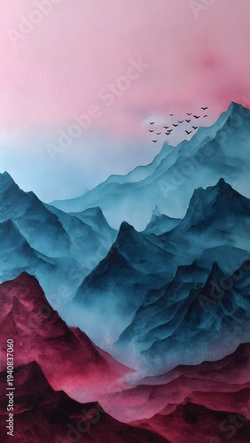 An ethereal watercolor painting captures the tranquility of misty mountain peaks under a soft pink sky, with birds in flight, evoking a sense of peace and solitude.