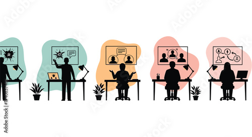 Set of 5 people working at desks vector illustrations