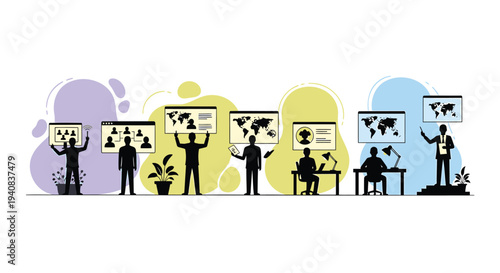 Set of 8 business people with world map vector illustrations