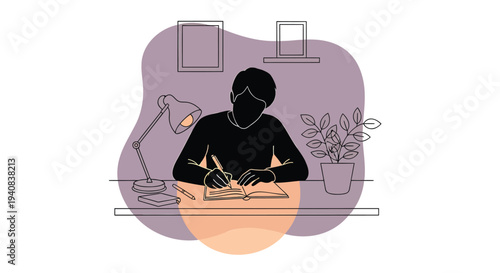 Vector illustration of a person working at a desk with lamp and plant