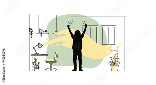 Vector illustration of a man in an office with creative inspiration