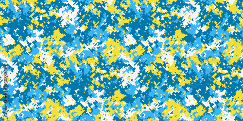 Abstract digital camouflage pattern in vibrant blue, yellow, and white.  Perfect for textiles, backgrounds, or modern designs.