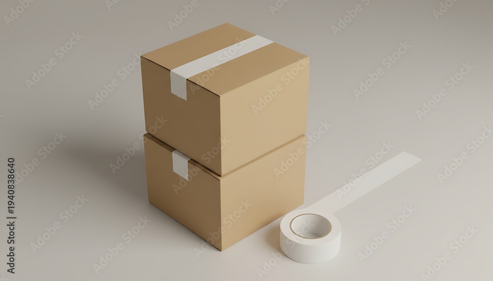 Obraz premium Stacked cardboard shipping boxes with tape packaging on neutral background