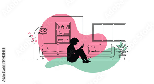 Vector illustration of a person sitting on floor with tablet in living room