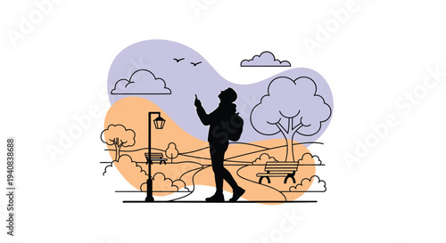 Vector illustration of a person walking in a landscape