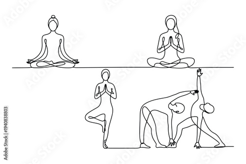 Black and white line of four yoga poses featuring meditation and balance postures line black and white
