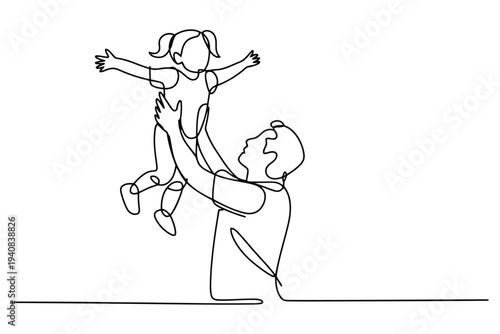 Black and white minimalist line of an lifting a joyful child in the air line minimalist