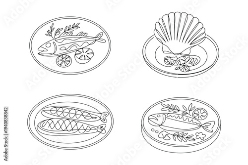 Four black and white line of grilled and garnished seafood dishes on oval and round plates fish sardines