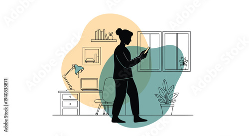 Vector illustration of woman in office setting with mobile device