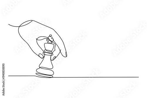 Minimalist black and white line of a hand moving a queen chess piece line black and white