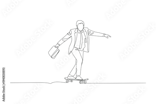 Minimalist black and white line of a man in a suit riding a skateboard with one arm outstretched for balance