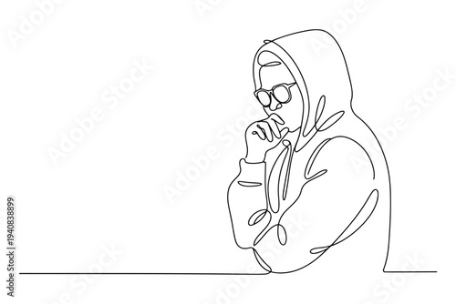 Minimalist black and white line of a person in a hooded garment with hand to mouth in contemplation line black and white
