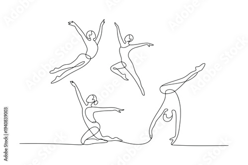 Minimalist black and white line of four ballet dancers in dynamic poses line dynamic poses