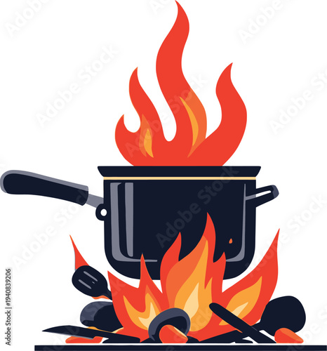 Vibrant vector illustration of a cooking pot intensely heated over a blazing bonfire, surrounded by rustic utensils, symbolizing outdoor culinary adventures and exciting delicious campfire meals.