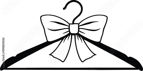 Elegant black and white line art illustration of a stylized clothing hanger adorned with a decorative fabric bow perfect for fashion logos or boutique branding elements.