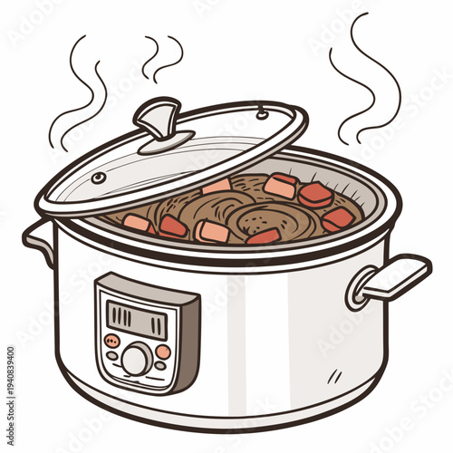 A vector illustration of a digital slow cooker with a glass lid and steaming food inside, isolated on a white background, detailed and realisti