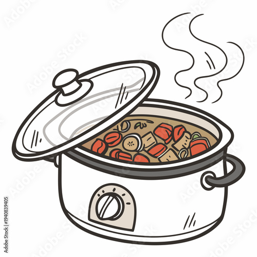 A vector illustration of a digital slow cooker with a glass lid and steaming food inside, isolated on a white background, detailed and realisti
