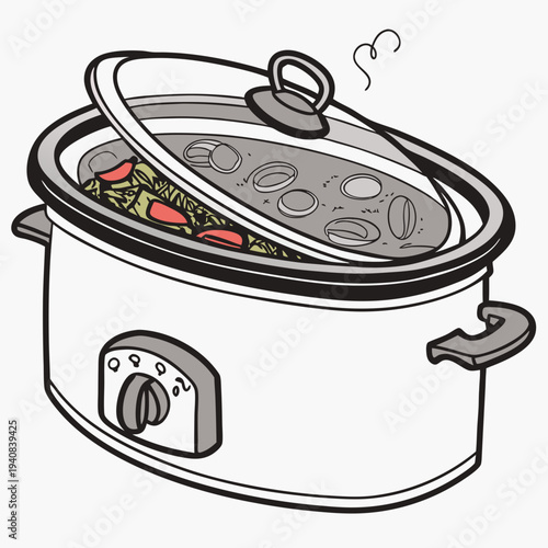 A vector illustration of a digital slow cooker with a glass lid and steaming food inside, isolated on a white background, detailed and realisti