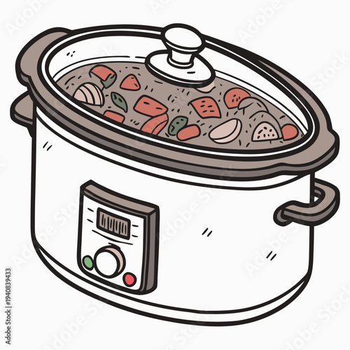 A vector illustration of a digital slow cooker with a glass lid and steaming food inside, isolated on a white background, detailed and realisti