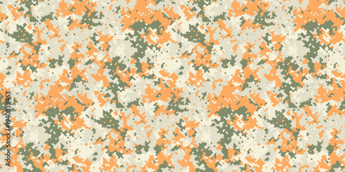 Abstract camouflage pattern in orange, beige, and green.  Perfect for backgrounds, textile designs, or militarythemed projects.  This seamless texture offers a versatile, modern aesthetic.