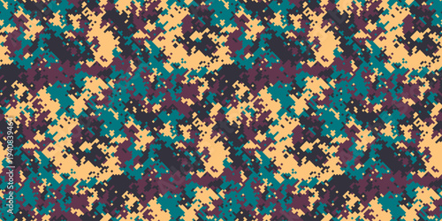 Abstract digital camouflage pattern.  Stylish, muted teal, maroon, and beige tones create a seamless texture ideal for fashion, textile, or web design backgrounds.