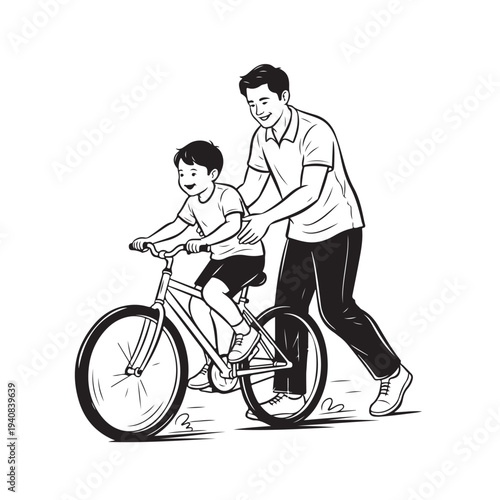Father teaching son to ride a bicycle black and white line art vector illustration